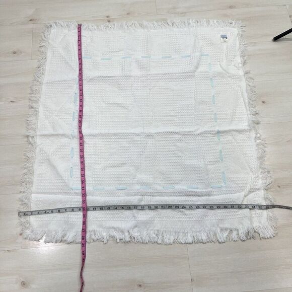 Vintage Baby Kisses Acrylic Blanket White Blue Ribbon Waffle Weave Fringe - Picture 3 of 9